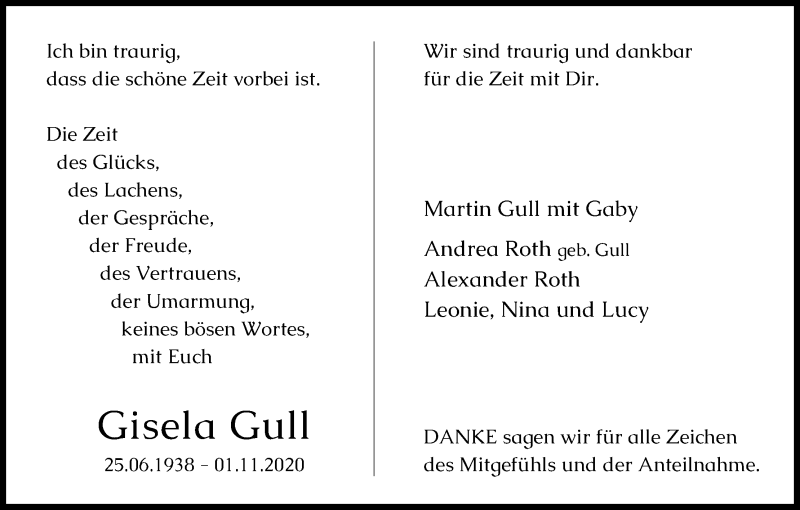  Traueranzeige für Gisela Gull vom 19.12.2020 aus Kölner Stadt-Anzeiger / Kölnische Rundschau / Express
