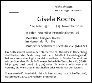 Anzeige von Gisela Kochs von Kölner Stadt-Anzeiger / Kölnische Rundschau / Express