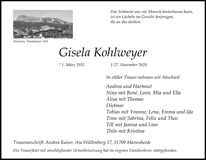  Traueranzeige für Gisela Kohlweyer vom 12.12.2020 aus Kölner Stadt-Anzeiger / Kölnische Rundschau / Express