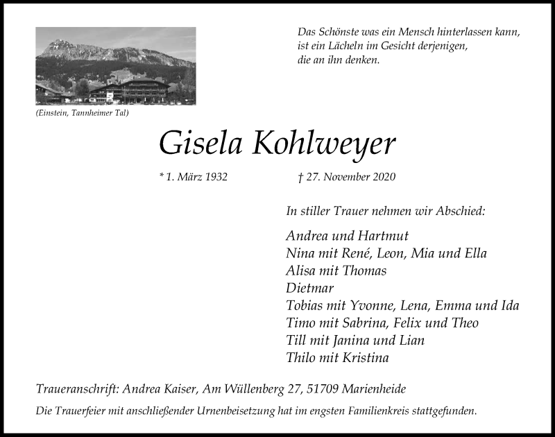  Traueranzeige für Gisela Kohlweyer vom 11.12.2020 aus  Anzeigen Echo 