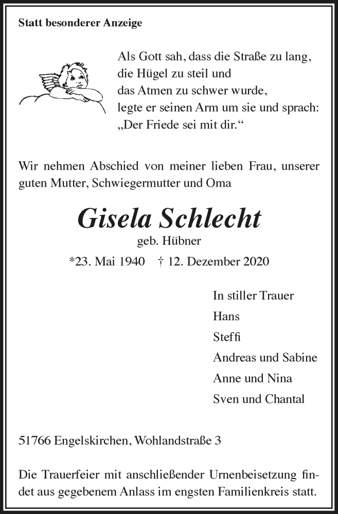  Traueranzeige für Gisela Schlecht vom 18.12.2020 aus  Anzeigen Echo 
