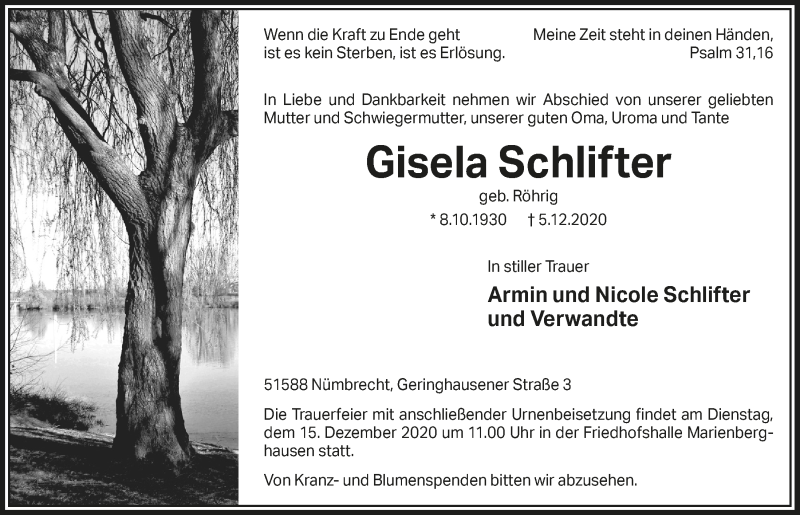  Traueranzeige für Gisela Schlifter vom 11.12.2020 aus  Lokalanzeiger 