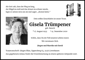 Anzeige von Gisela Trümpener von Kölner Stadt-Anzeiger / Kölnische Rundschau / Express