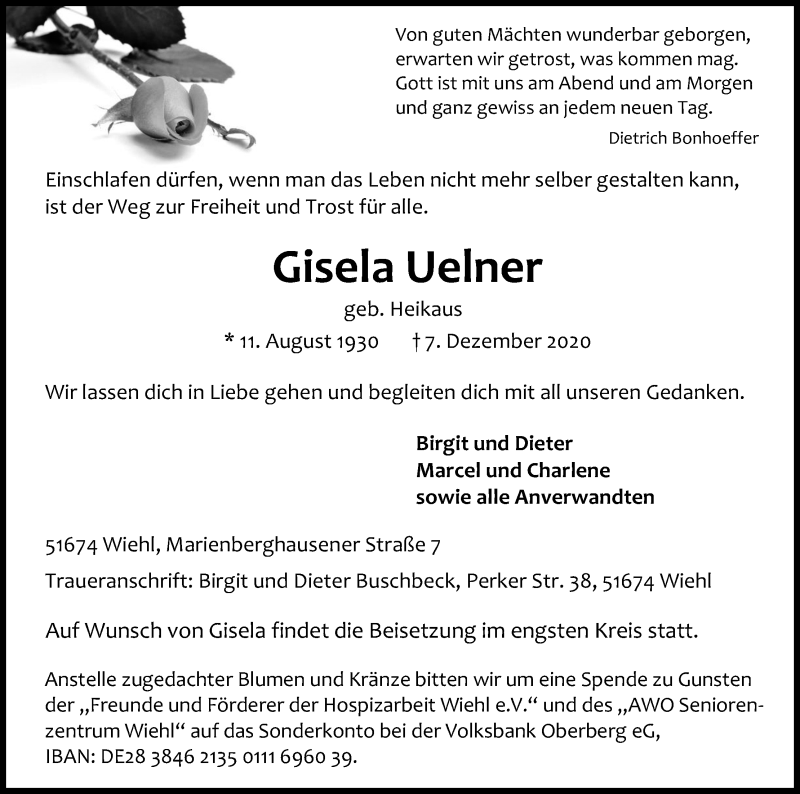  Traueranzeige für Gisela Uelner vom 12.12.2020 aus Kölner Stadt-Anzeiger / Kölnische Rundschau / Express