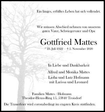 Anzeige von Gottfried Mattes von Kölner Stadt-Anzeiger / Kölnische Rundschau / Express