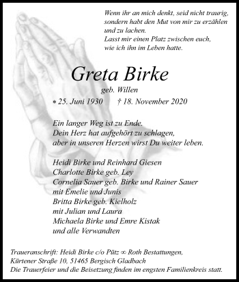 Anzeige von Greta Birke von Kölner Stadt-Anzeiger / Kölnische Rundschau / Express