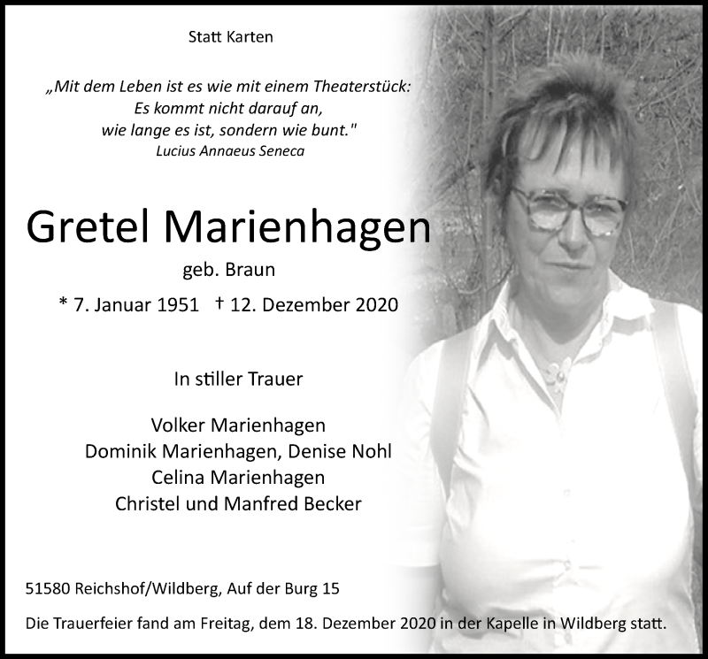  Traueranzeige für Gretel Marienhagen vom 18.12.2020 aus  Anzeigen Echo  Lokalanzeiger 