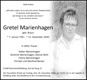 Anzeige von Gretel Marienhagen von Kölner Stadt-Anzeiger / Kölnische Rundschau / Express