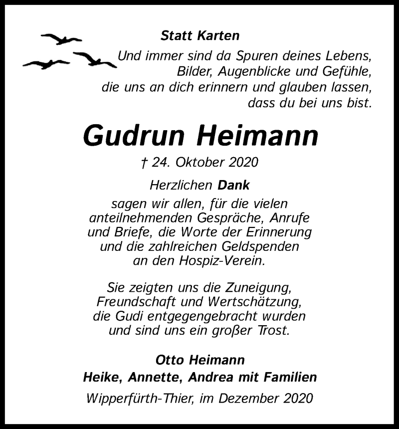  Traueranzeige für Gudrun Heimann vom 03.12.2020 aus Kölner Stadt-Anzeiger / Kölnische Rundschau / Express