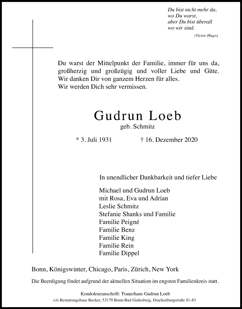  Traueranzeige für Gudrun Loeb vom 19.12.2020 aus Kölner Stadt-Anzeiger / Kölnische Rundschau / Express