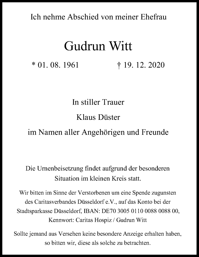  Traueranzeige für Gudrun Witt vom 30.12.2020 aus Kölner Stadt-Anzeiger / Kölnische Rundschau / Express