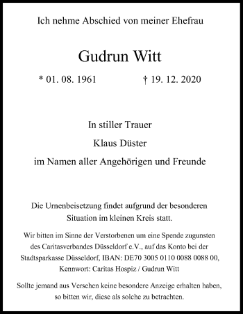 Anzeige von Gudrun Witt von Kölner Stadt-Anzeiger / Kölnische Rundschau / Express