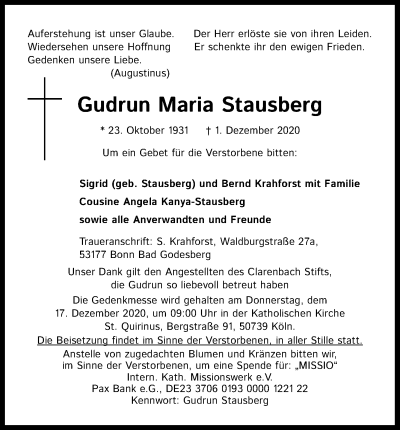  Traueranzeige für Gudrun Maria Stausberg vom 15.12.2020 aus Kölner Stadt-Anzeiger / Kölnische Rundschau / Express
