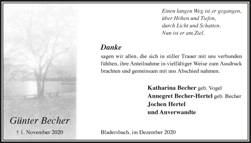  Traueranzeige für Günter Becher vom 28.12.2020 aus  Lokalanzeiger 