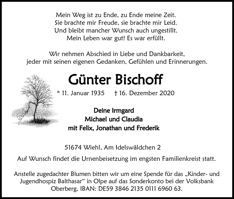  Traueranzeige für Günter Bischoff vom 19.12.2020 aus Kölner Stadt-Anzeiger / Kölnische Rundschau / Express
