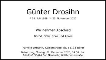 Anzeige von Günter Drosihn von Kölner Stadt-Anzeiger / Kölnische Rundschau / Express