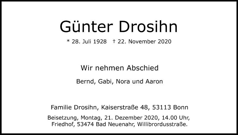  Traueranzeige für Günter Drosihn vom 05.12.2020 aus Kölner Stadt-Anzeiger / Kölnische Rundschau / Express