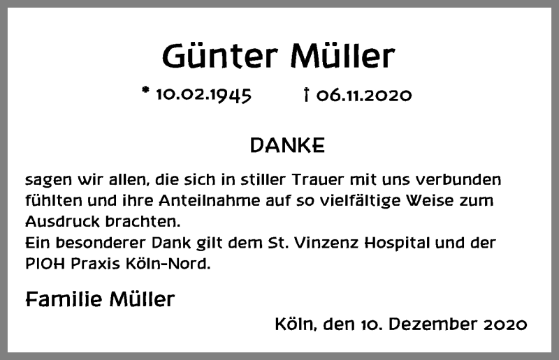  Traueranzeige für Günter Müller vom 12.12.2020 aus Kölner Stadt-Anzeiger / Kölnische Rundschau / Express