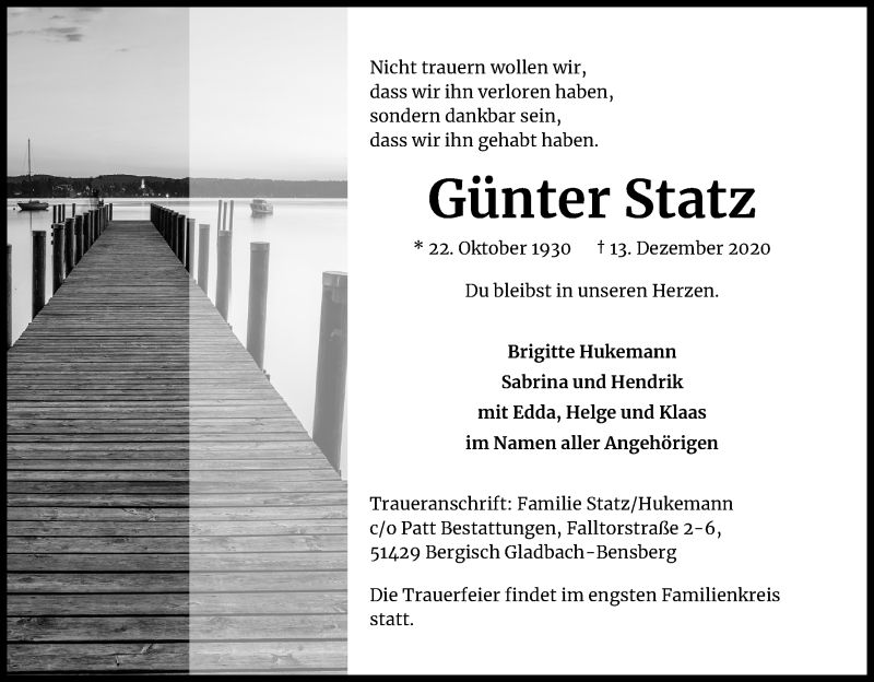  Traueranzeige für Günter Statz vom 19.12.2020 aus Kölner Stadt-Anzeiger / Kölnische Rundschau / Express