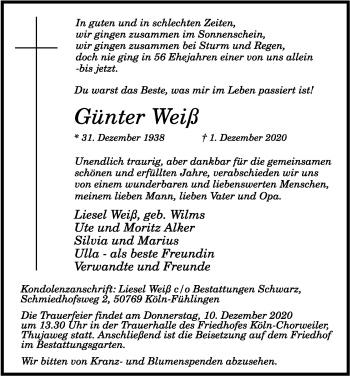 Anzeige von Günter Weiß von Kölner Stadt-Anzeiger / Kölnische Rundschau / Express