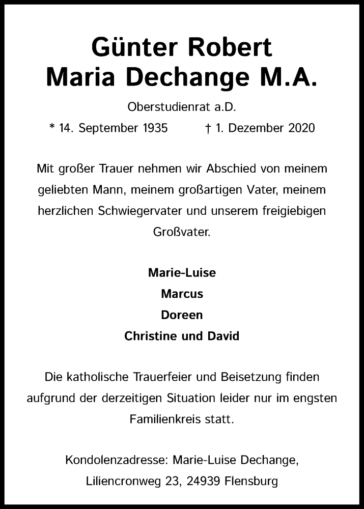  Traueranzeige für Günter Robert Maria Dechange vom 19.12.2020 aus Kölner Stadt-Anzeiger / Kölnische Rundschau / Express