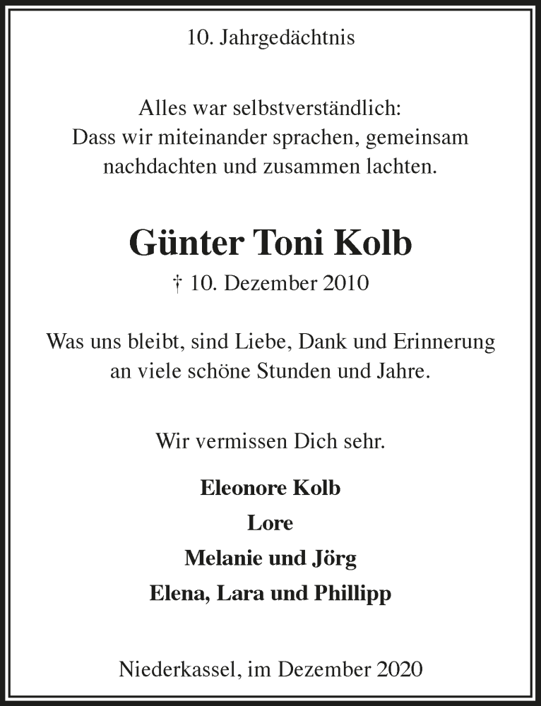  Traueranzeige für Günter Toni Kolb vom 11.12.2020 aus  Extra Blatt 