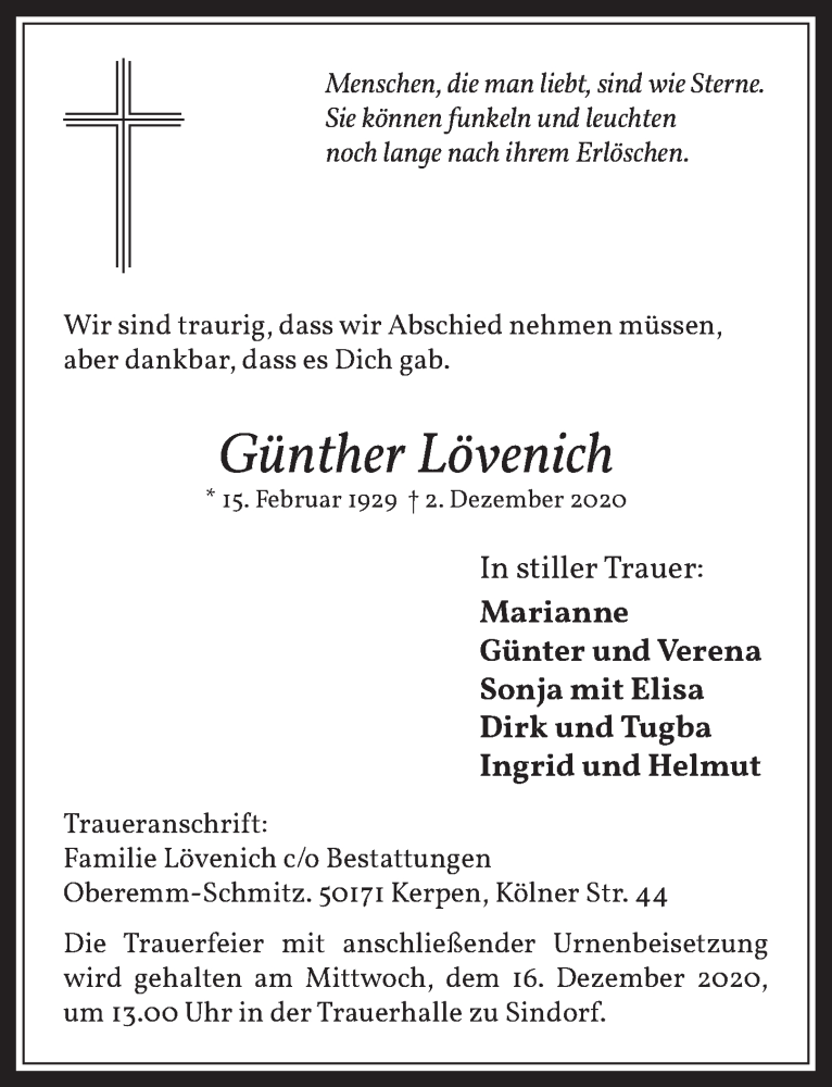  Traueranzeige für Günther Lövenich vom 11.12.2020 aus  Werbepost 