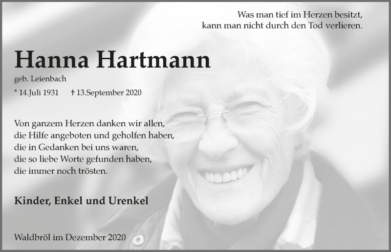  Traueranzeige für Hanna Hartmann vom 04.12.2020 aus  Lokalanzeiger 