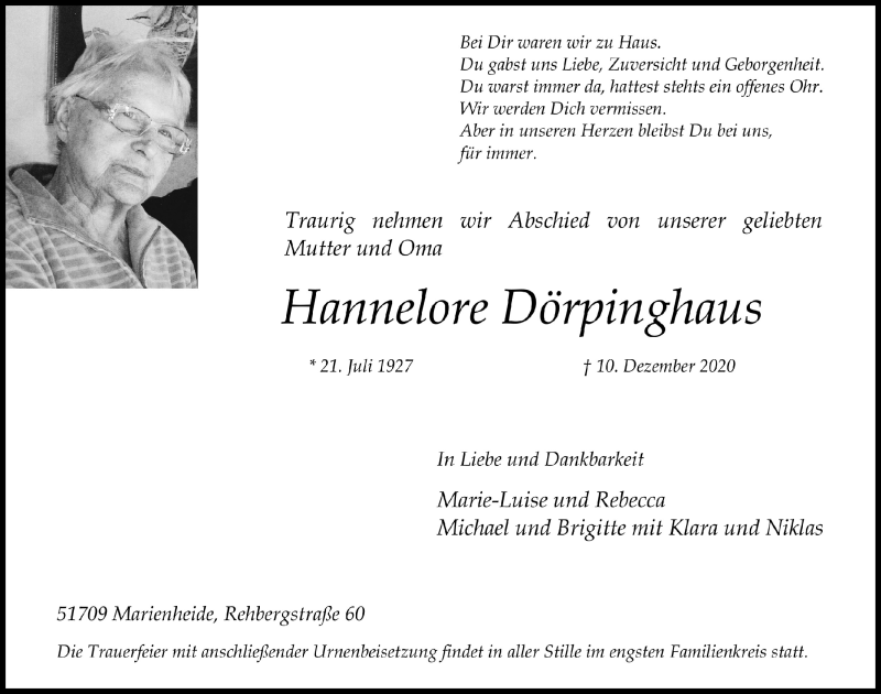  Traueranzeige für Hannelore Dörpinghaus vom 18.12.2020 aus  Anzeigen Echo 