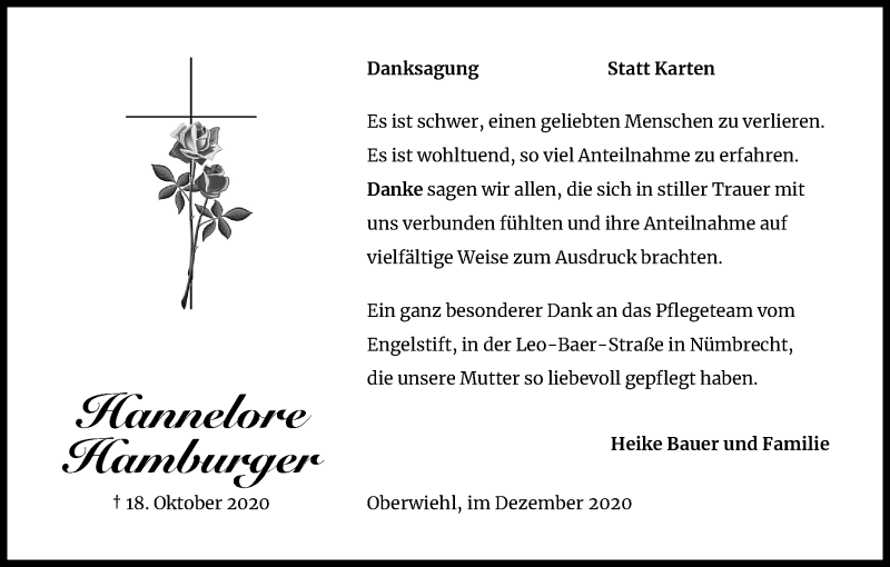  Traueranzeige für Hannelore Hamburger vom 19.12.2020 aus Kölner Stadt-Anzeiger / Kölnische Rundschau / Express