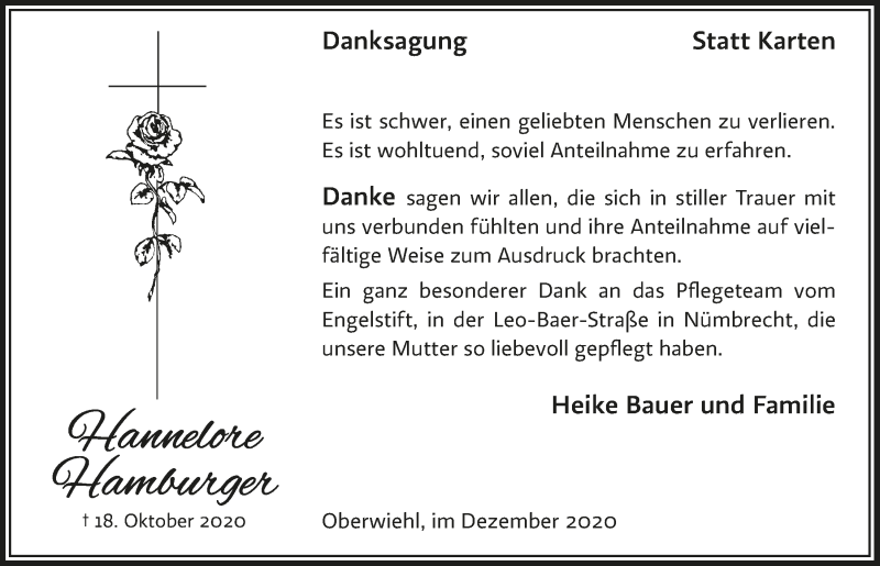  Traueranzeige für Hannelore Hamburger vom 18.12.2020 aus  Anzeigen Echo 
