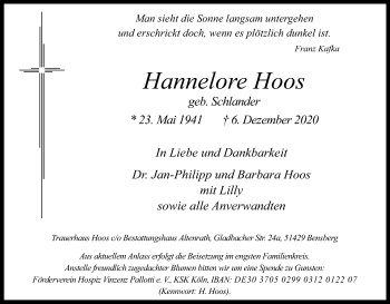 Anzeige von Hannelore Hoos von Kölner Stadt-Anzeiger / Kölnische Rundschau / Express