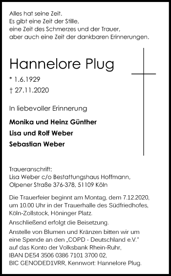 Anzeige von Hannelore Plug von Kölner Stadt-Anzeiger / Kölnische Rundschau / Express