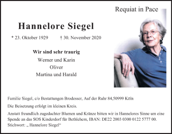 Anzeige von Hannelore Siegel von Kölner Stadt-Anzeiger / Kölnische Rundschau / Express