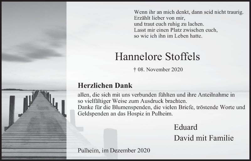  Traueranzeige für Hannelore Stoffels vom 04.12.2020 aus  Wochenende 