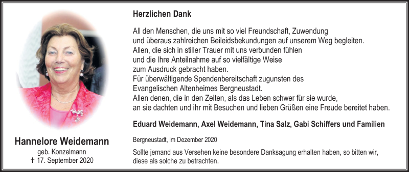  Traueranzeige für Hannelore Weidemann vom 19.12.2020 aus Kölner Stadt-Anzeiger / Kölnische Rundschau / Express