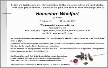 Anzeige von Hannelore Wohlfart von Kölner Stadt-Anzeiger / Kölnische Rundschau / Express