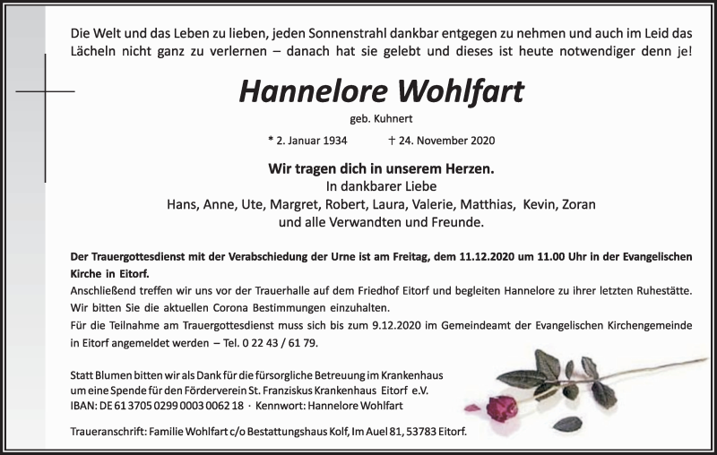  Traueranzeige für Hannelore Wohlfart vom 05.12.2020 aus Kölner Stadt-Anzeiger / Kölnische Rundschau / Express