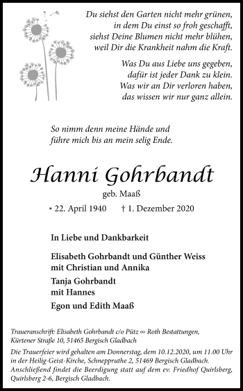 Anzeige von Hanni Gohrbandt von Kölner Stadt-Anzeiger / Kölnische Rundschau / Express