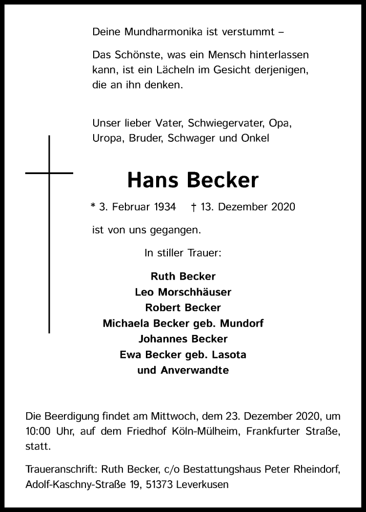  Traueranzeige für Hans Becker vom 19.12.2020 aus Kölner Stadt-Anzeiger / Kölnische Rundschau / Express
