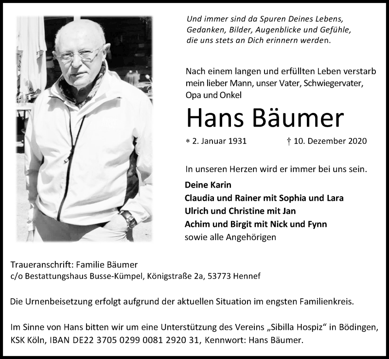  Traueranzeige für Hans Bäumer vom 19.12.2020 aus Kölner Stadt-Anzeiger / Kölnische Rundschau / Express