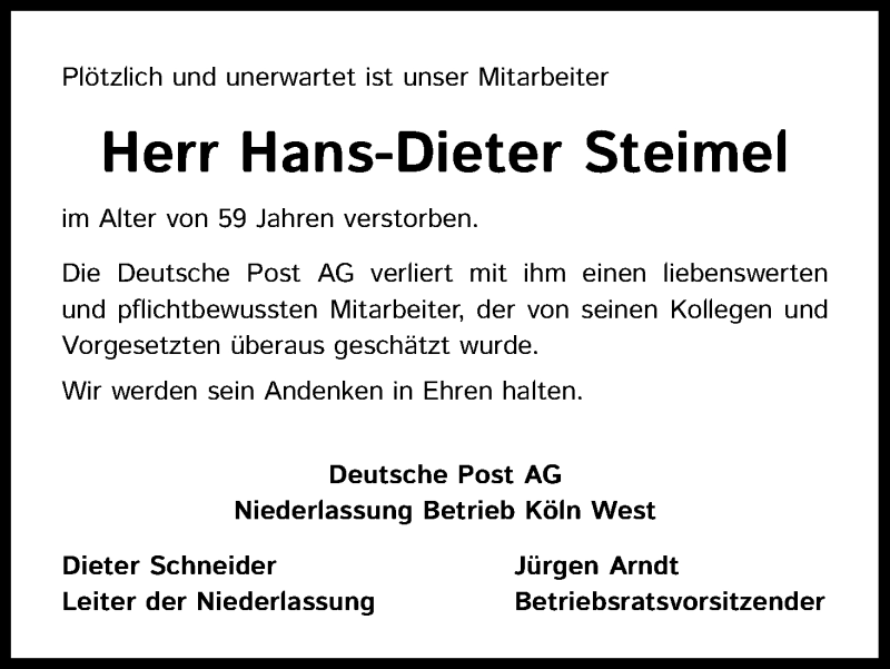  Traueranzeige für Hans-Dieter Steimel vom 05.12.2020 aus Kölner Stadt-Anzeiger / Kölnische Rundschau / Express