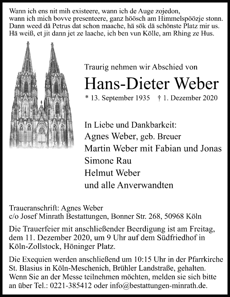  Traueranzeige für Hans-Dieter Weber vom 05.12.2020 aus Kölner Stadt-Anzeiger / Kölnische Rundschau / Express