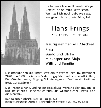 Anzeige von Hans Frings von Kölner Stadt-Anzeiger / Kölnische Rundschau / Express