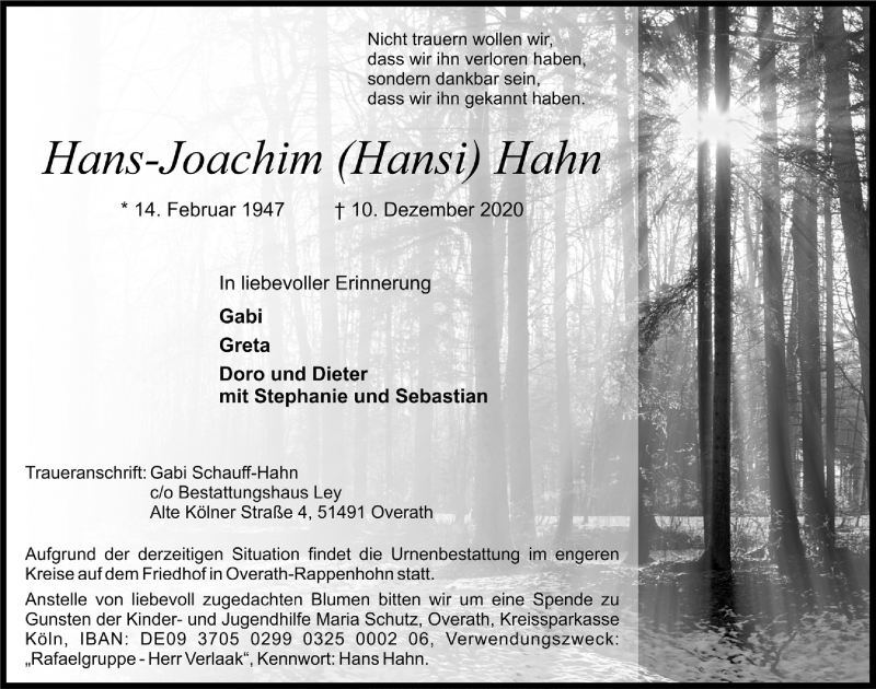  Traueranzeige für Hans-Joachim  Hahn vom 18.12.2020 aus  Bergisches Handelsblatt 