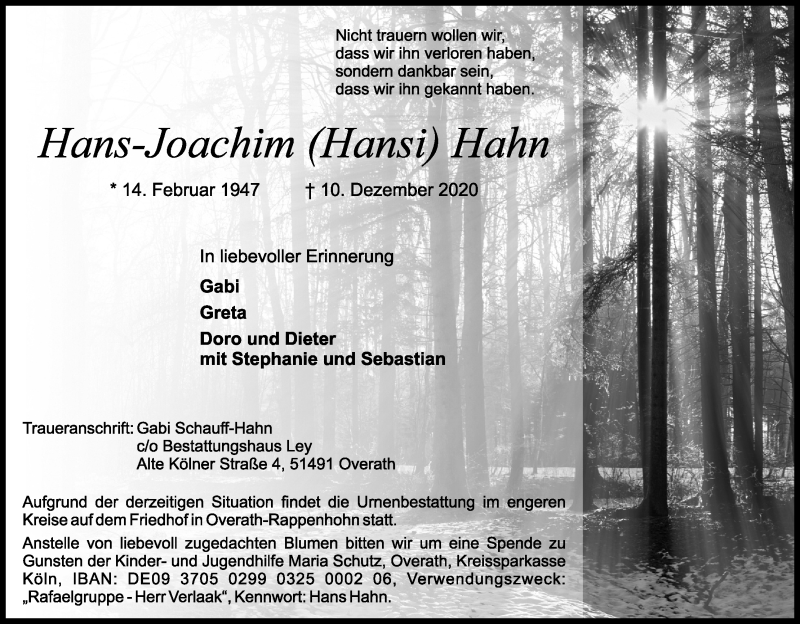  Traueranzeige für Hans-Joachim  Hahn vom 19.12.2020 aus Kölner Stadt-Anzeiger / Kölnische Rundschau / Express