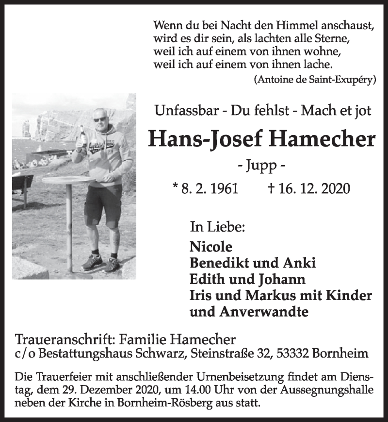  Traueranzeige für Hans-Josef Hamecher vom 28.12.2020 aus  Schaufenster/Blickpunkt  Schlossbote/Werbekurier 