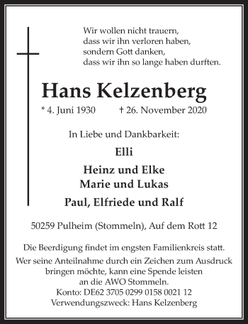 Anzeige von Hans Kelzenberg von  Wochenende 
