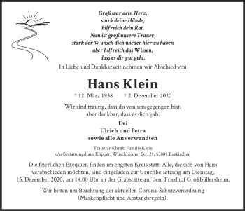 Anzeige von Hans Klein von  Blickpunkt Euskirchen 