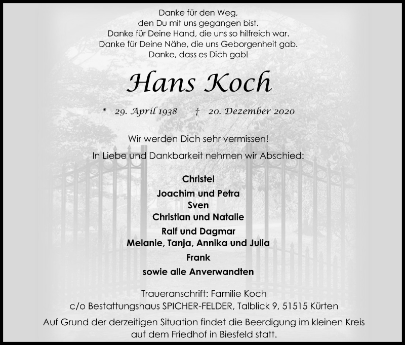  Traueranzeige für Hans Koch vom 23.12.2020 aus Kölner Stadt-Anzeiger / Kölnische Rundschau / Express